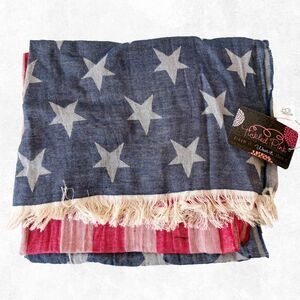 Tickled Pink American Flag Scarf 100% Cotton Patriotic Stars Stripes Fringe